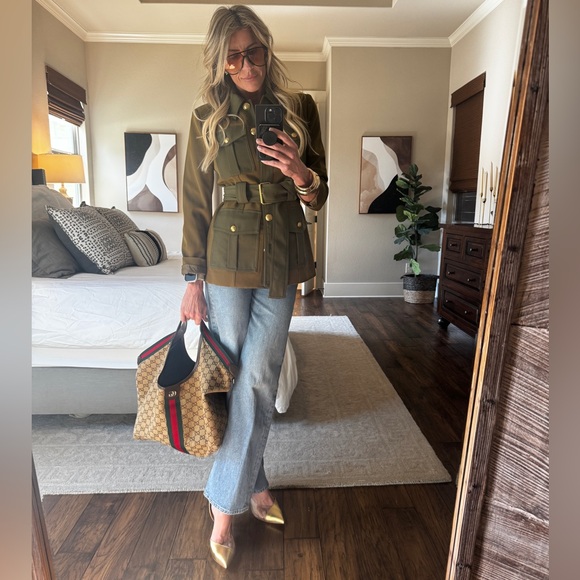 Avec Les Filles Jackets & Blazers - Avec Les Filles Army Green Utility Jacket with Gold Buttons